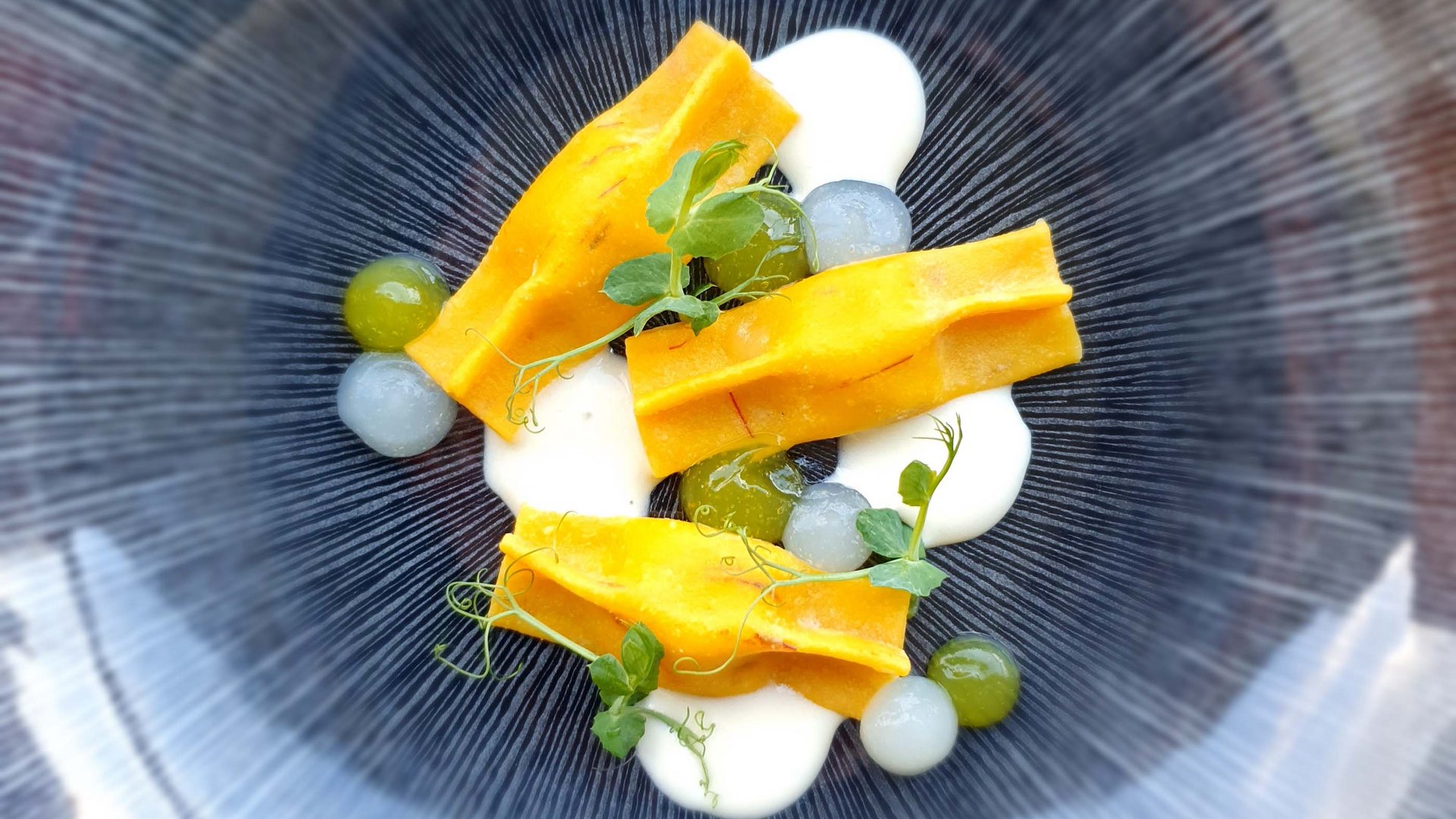 Gourmet haven Erlebnisort Gassenhof Gourmet dish with three ravioli, green drops, and white sauce on blue plate