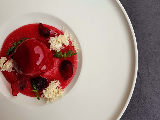 Gourmet haven Erlebnisort Gassenhof Fine red dessert with garnishes on white plate