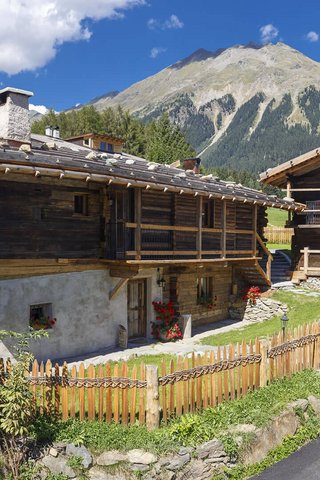 Home Erlebnisort Gassenhof Almhütten mit Blumenschmuck und Bergkulisse bei klarem Himmel