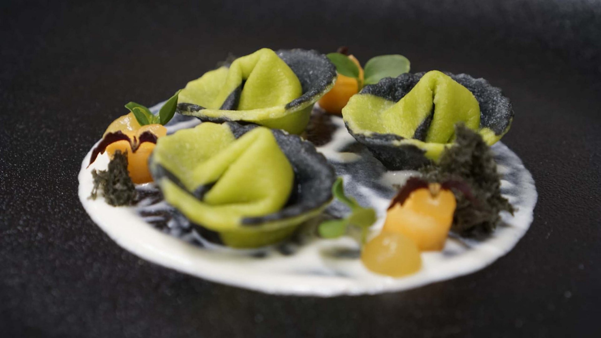 Gourmet haven Erlebnisort Gassenhof Green and black stuffed pasta artfully plated on white sauce
