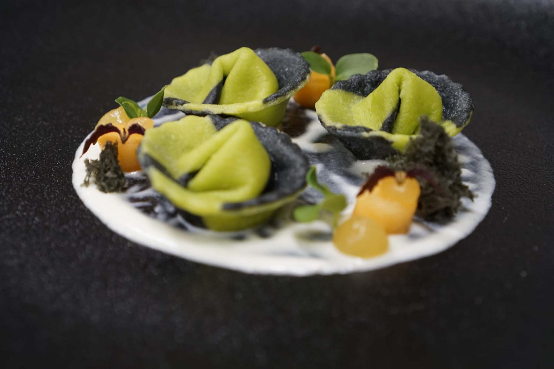 Home Erlebnisort Gassenhof Grüne und schwarze gefüllte Pasta kunstvoll auf weißer Sauce angerichtet