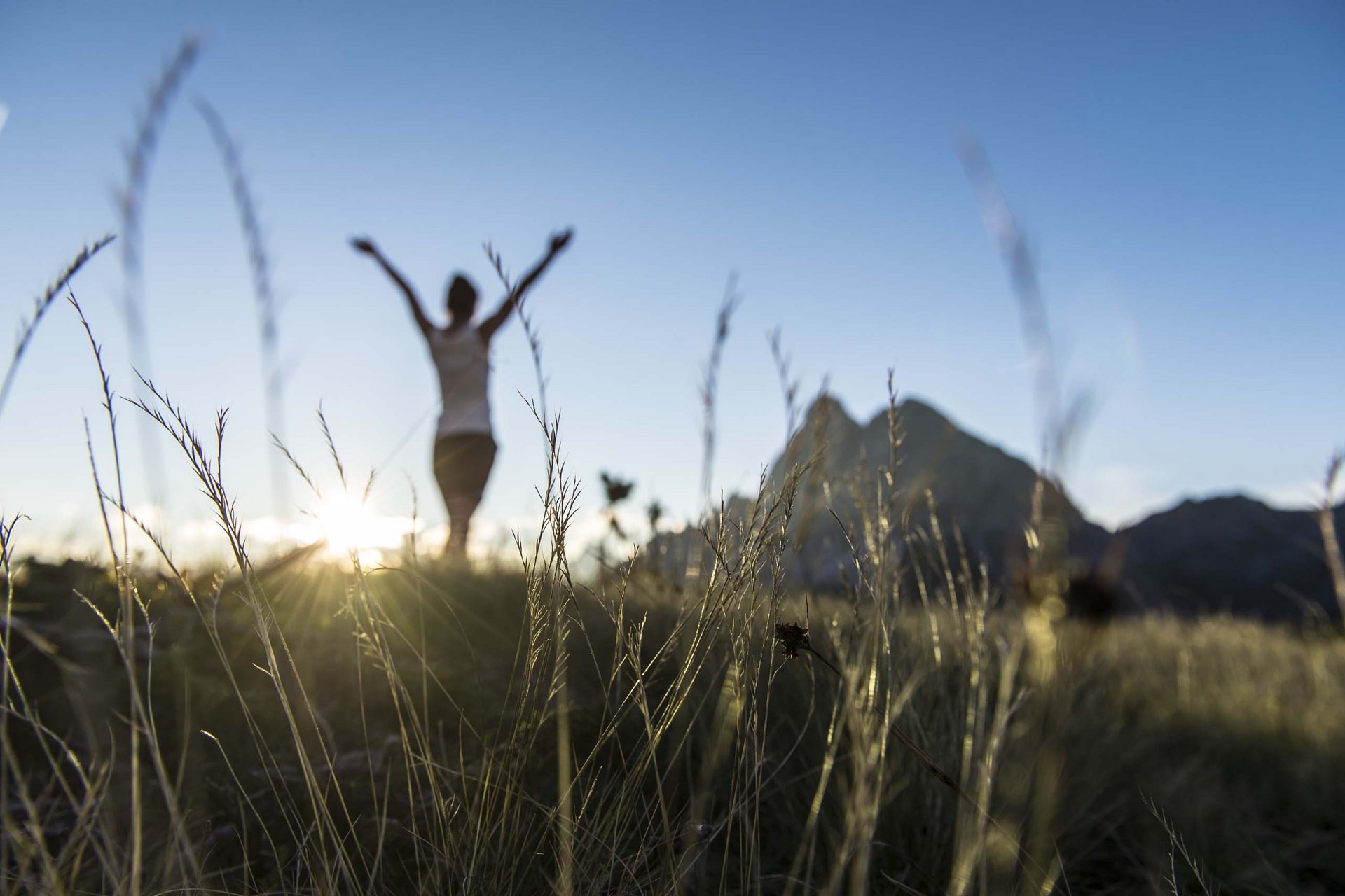 Home Erlebnisort Gassenhof Person mit erhobenen Armen in einem Feld bei Sonnenuntergang vor Bergen